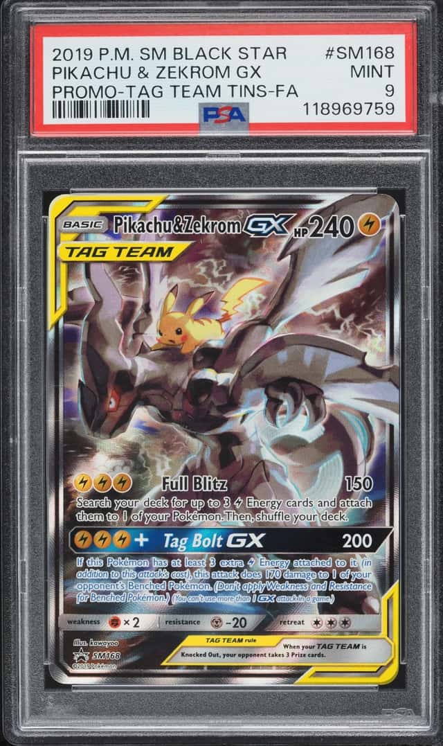 2019 Pokemon Sun & Moon Promo Tag Team Tins Full Art Pikachu & Zekrom GX #SM168 PSA 9 MINT