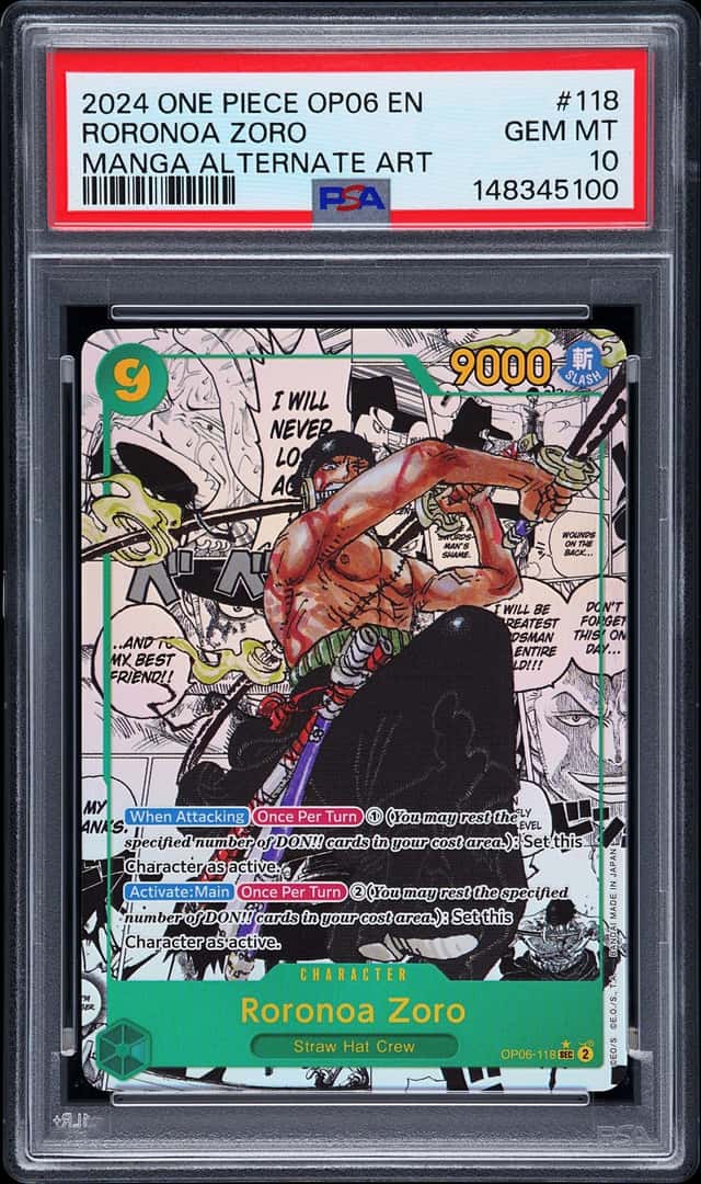 ONE PIECE RORONOA ZORO 2024 OP06-WINGS OF THE CAPTAIN #118 MANGA ALT ART PSA 10 
