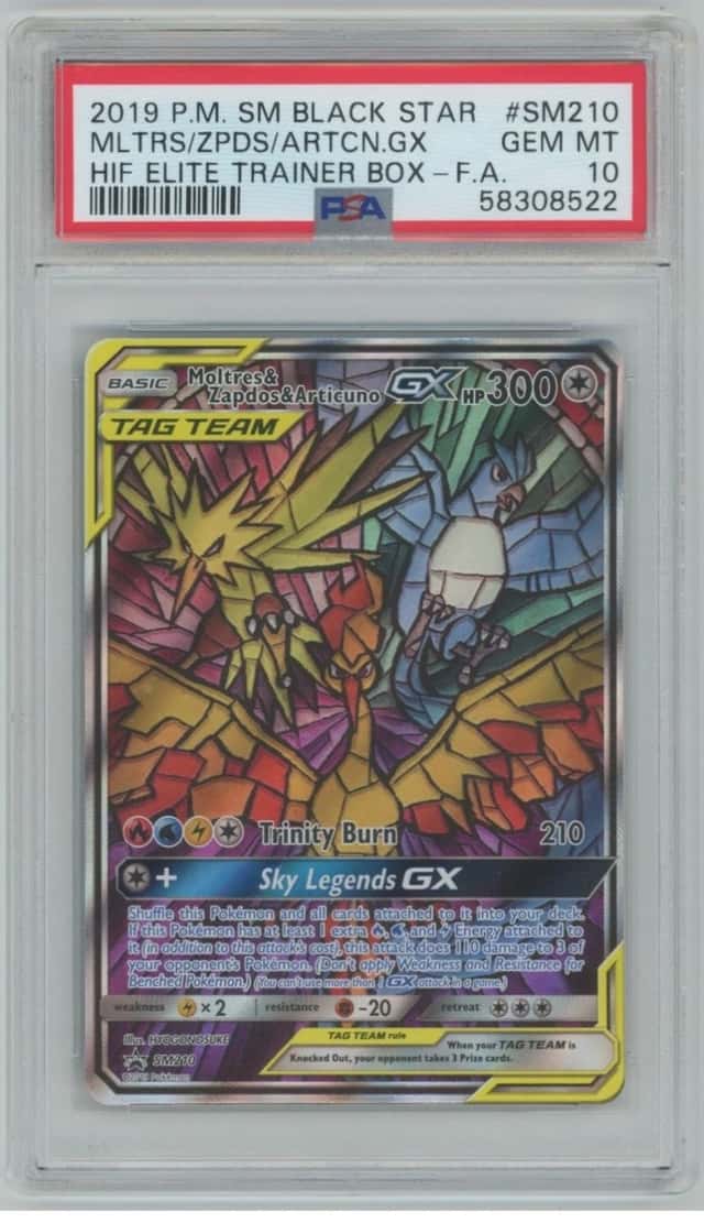 2019 Pokemon Sun & Moon BSP ETB Full Art Moltres & Zapdos & Articuno GX PSA 10