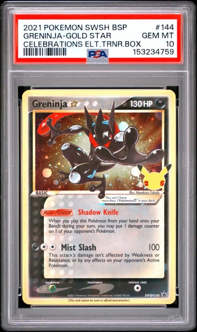 2021 POKEMON GRENINJA-GOLD STAR CELEB. ETB SWSH BLACK STAR PROMO #144 PSA 10