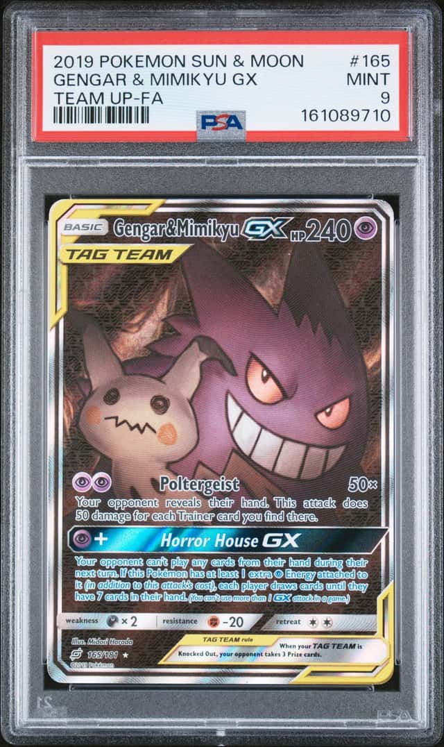 2019 Pokemon Sun & Moon Team Up #165 Full Art Gengar & Mimikyu GX PSA 9 MINT