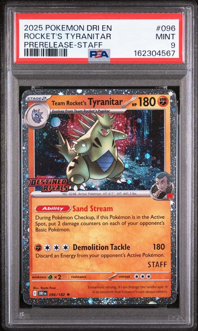 2025 Pokemon DRI EN Pre-Release Staff #096 Rocket's Tyranitar PSA 9 MINT