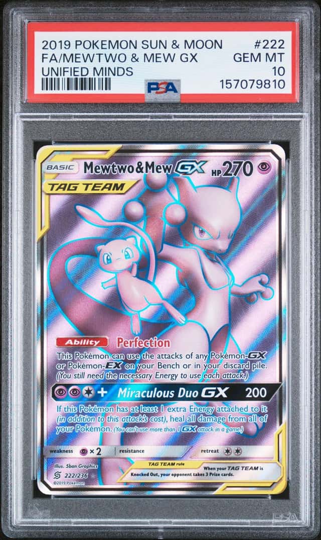 2019 Pokemon Sun & Moon Unified Minds #222 FA/Mewtwo & Mew GX PSA 10