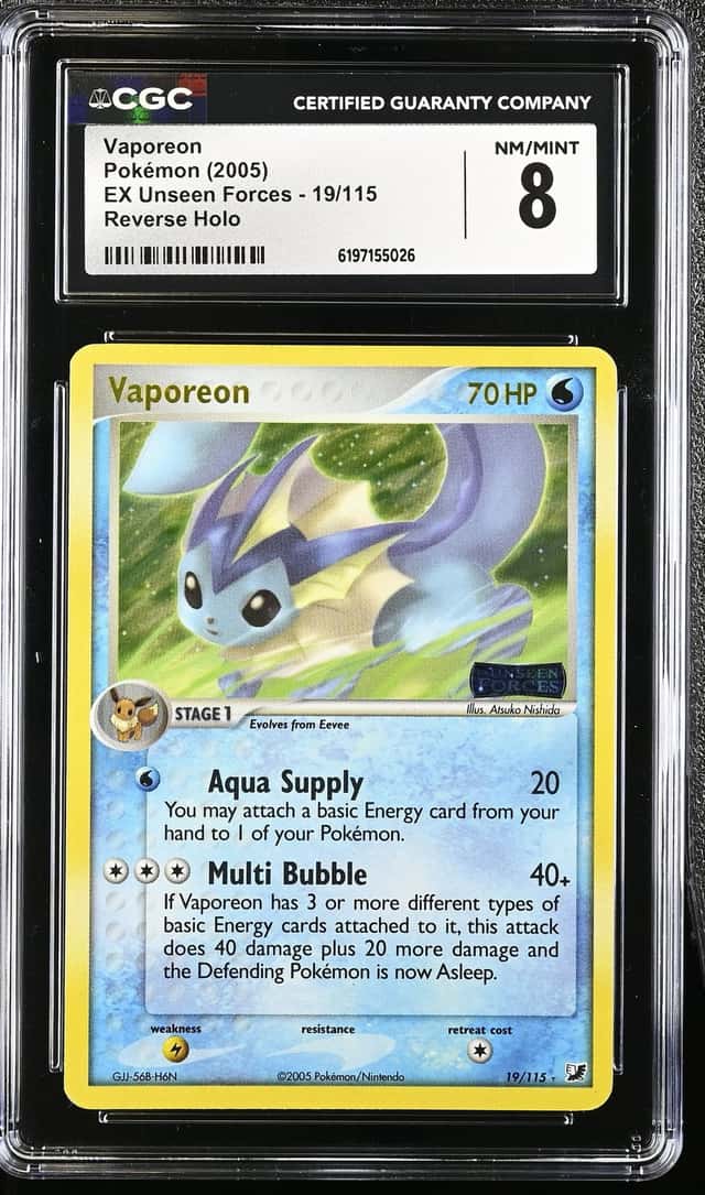 2005 Pokemon EX Unseen Forces Reverse Holo Vaporeon #19 CGC 8 NM-MT