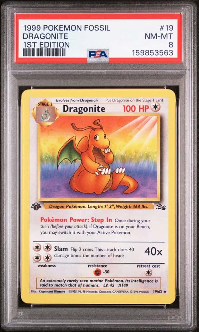 Pokemon Dragonite NON Holo Fossil 19/62 1st Edition PSA 8