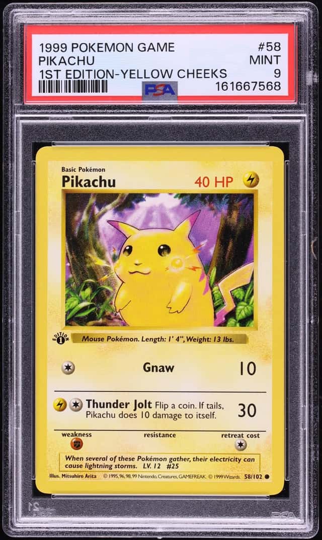 1999 Pokemon Base Set Shadowless 1st Edition Yellow Cheeks Pikachu #58 PSA 9 MINT