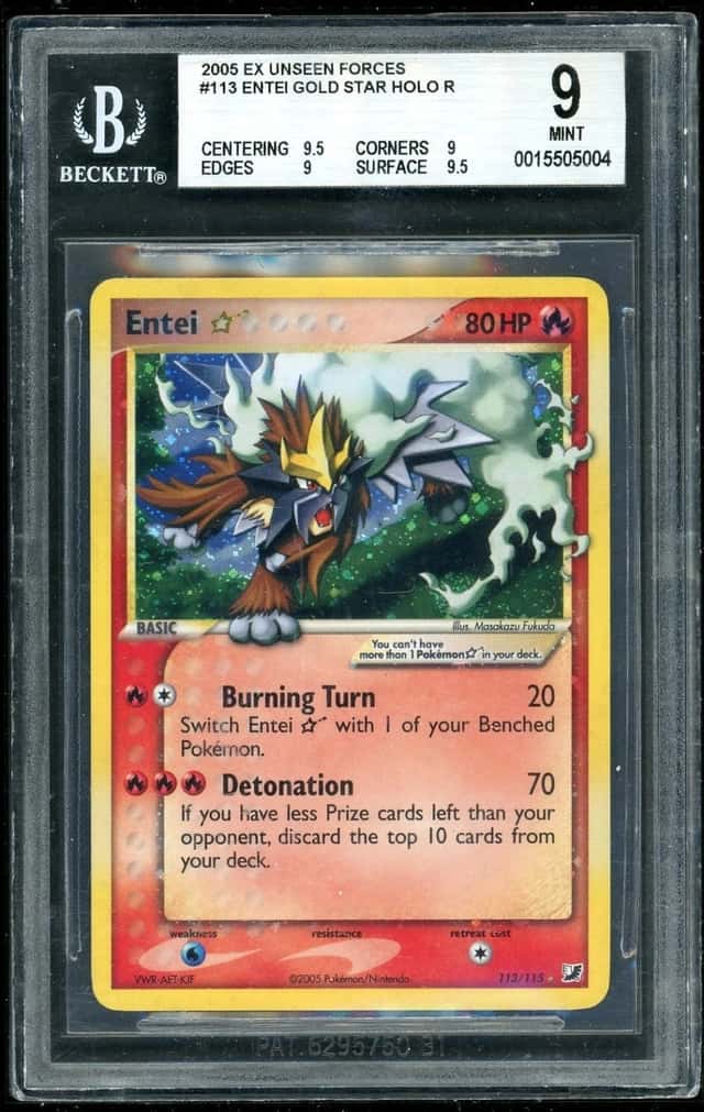 Pokemon Gold Star Entei 2005 EX Unseen Forces HOLO R BGS 9