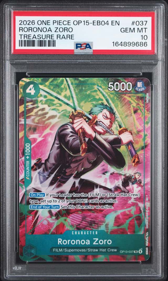 2026 Bandai One Piece TCG Roronoa Zoro OP13-037 Treasure Rare EN OP15 PSA 10