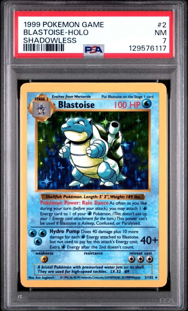 1999 BASE SET POKEMON BLASTOISE-HOLO SHADOWLESS #2 PSA 7