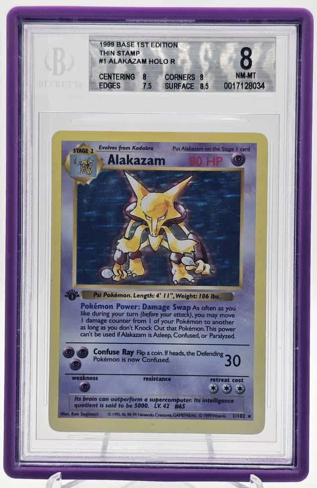 ALAKAZAM 1999 POKEMON BASE SET 1ST EDITION HOLO SHADOWLESS #1/102 BGS 8 Q5966