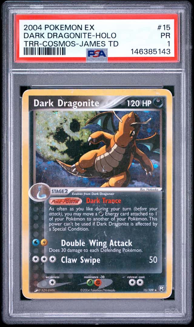 2004 Pokemon EX Team Rocket Returns Dark Dragonite Cosmos Holofoil #15/109 PSA 1