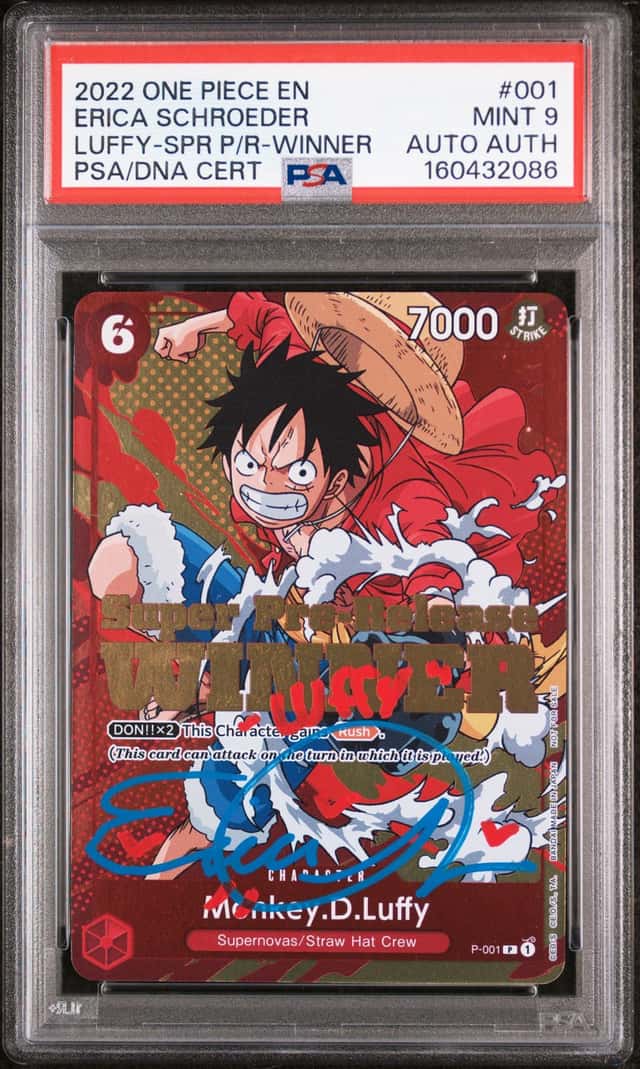 Erica Schroeder Signed One Piece Super Prerelease Winner Luffy PSA/DNA 9 AUTO