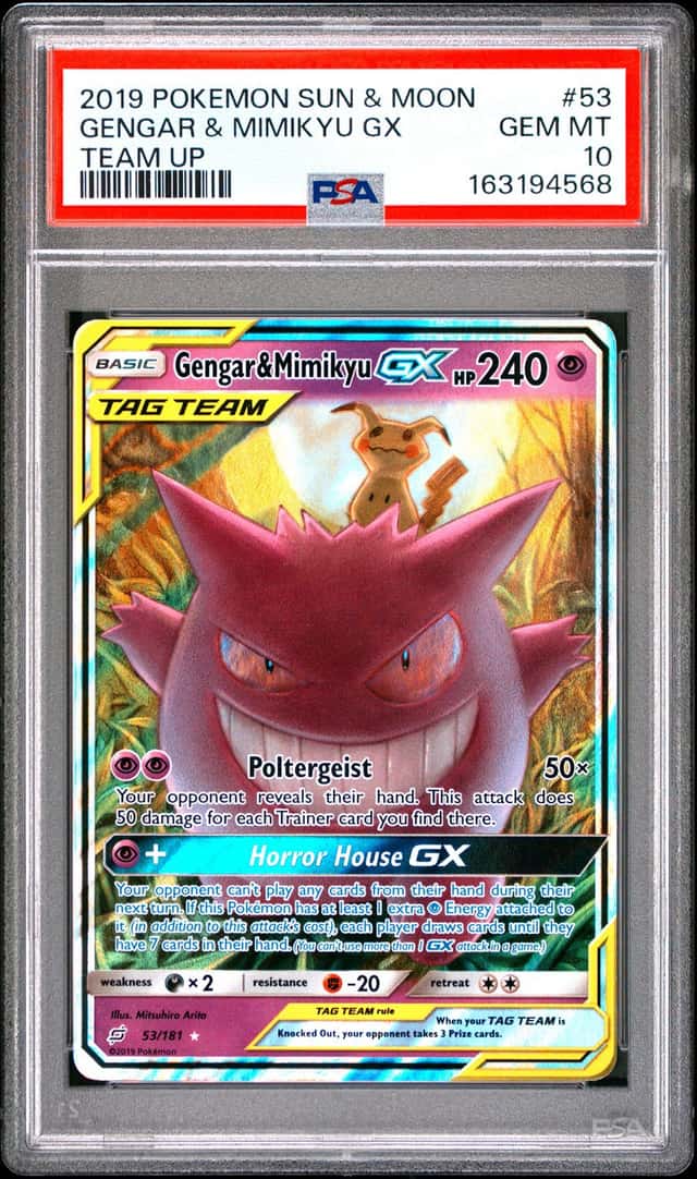 2019 POKEMON SUN & MOON TEAM UP #53 GENGAR & MIMIKYU GX PSA 10
