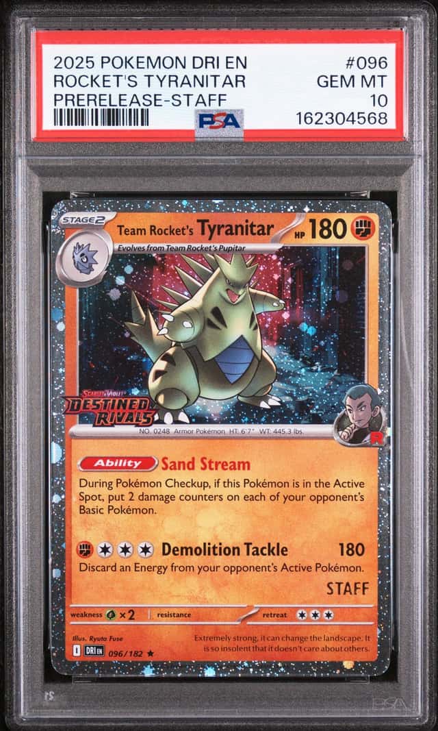 2025 Pokemon DRI EN Pre-Release Staff #096 Rocket's Tyranitar PSA 10 GEM MINT