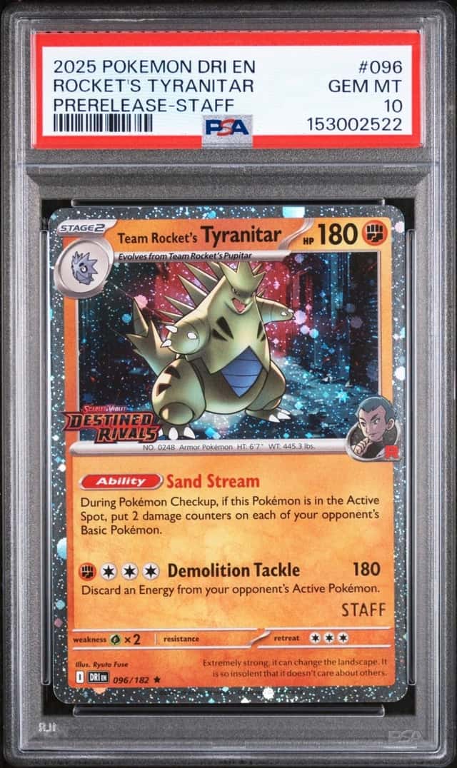 Pokemon Team Rocket's Tyranitar Destined Rivals 096/182 Prerelease Staff PSA 10