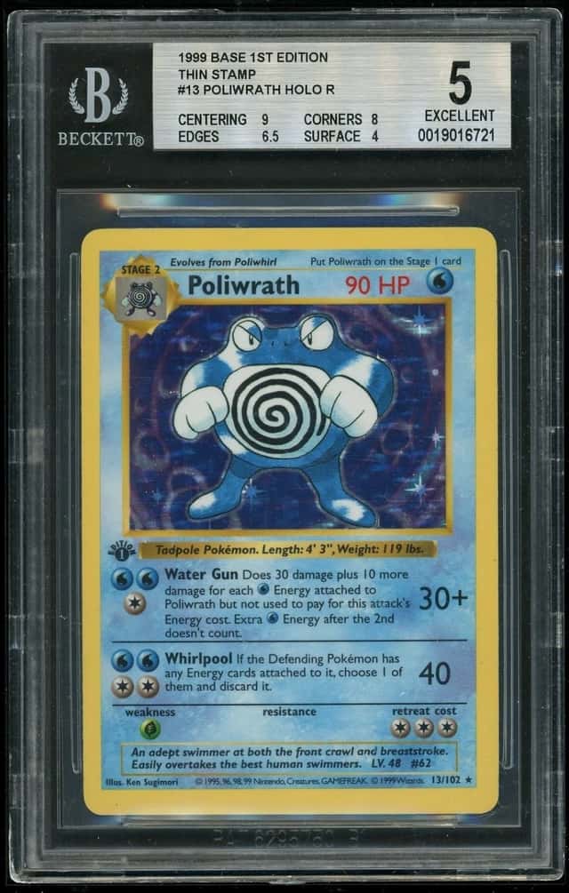 1999 Pokemon Shadowless Poliwrath HOLO R/(Thin Stamp) Base 1st Edition BGS 5