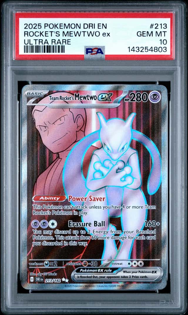2025 Pokemon Scarlet & Violet Destined Rivals Full Art Team Rocket's Mewtwo ex #213 PSA 10 GEM