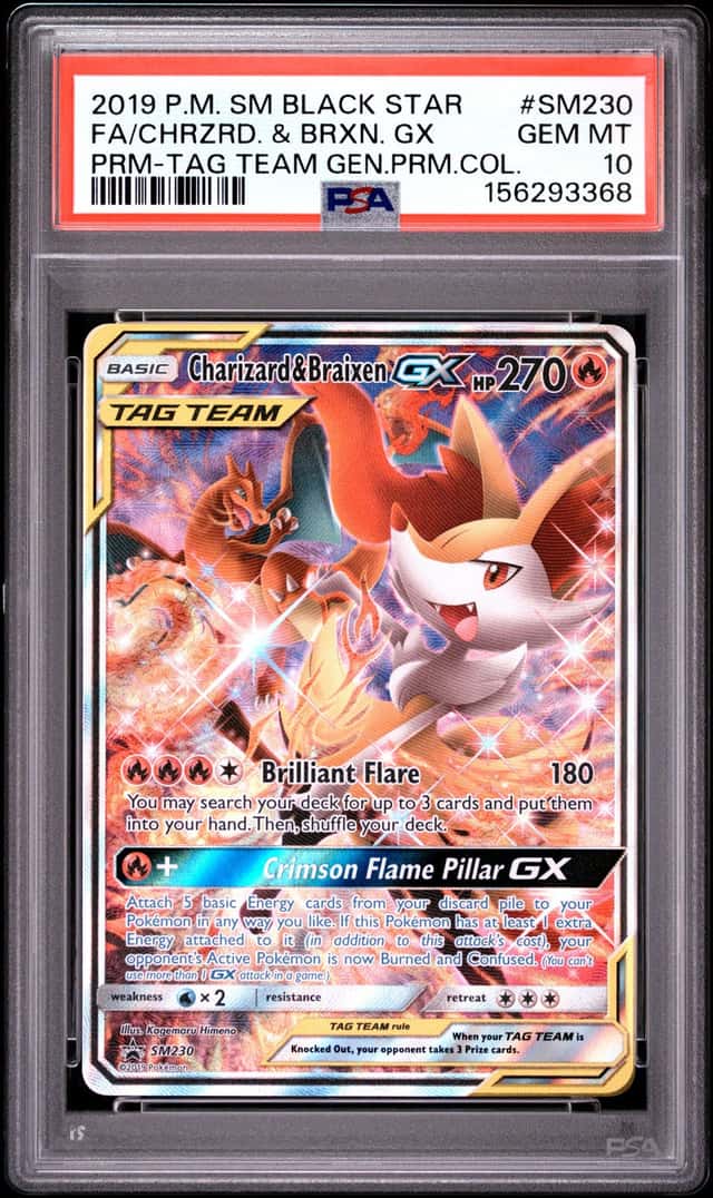 2019 POKEMON SM #SM230 FA/CHRZRD. & BRXN. GX PRM-TAG TEAM GEN.PRM.COL. PSA 10