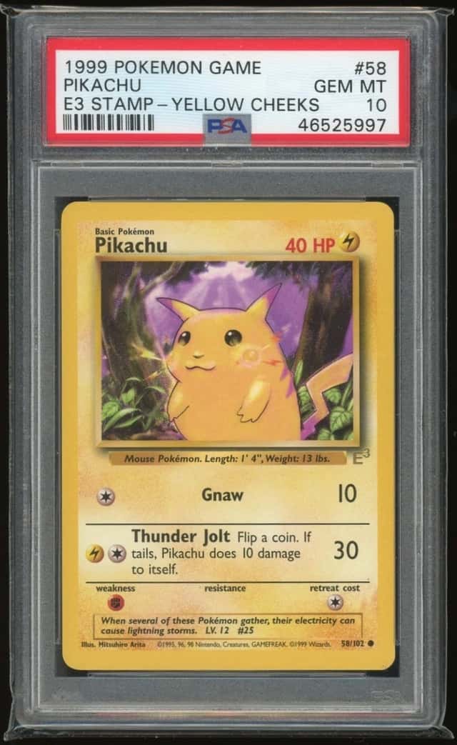 1999 POKEMON BASE SET UNLIMITED E3 STAMP-YELLOW CHEEKS #58 PIKACHU PSA 10