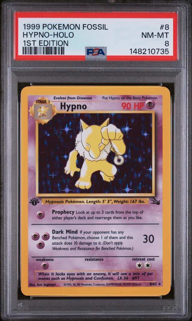 1999 POKEMON FOSSIL 1ST EDITION #8/62 HYPNO HOLO PSA 8