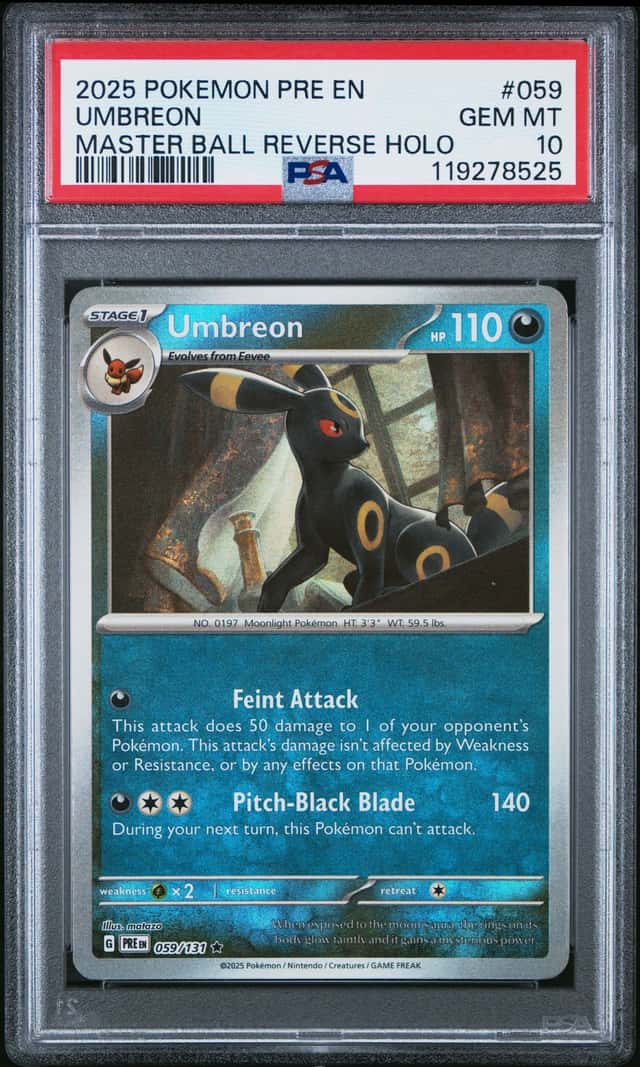 POKEMON UMBREON 2025 PRE EN-PRISMATIC EVOL #059 MASTER BALL REVERSE HOLO PSA 10