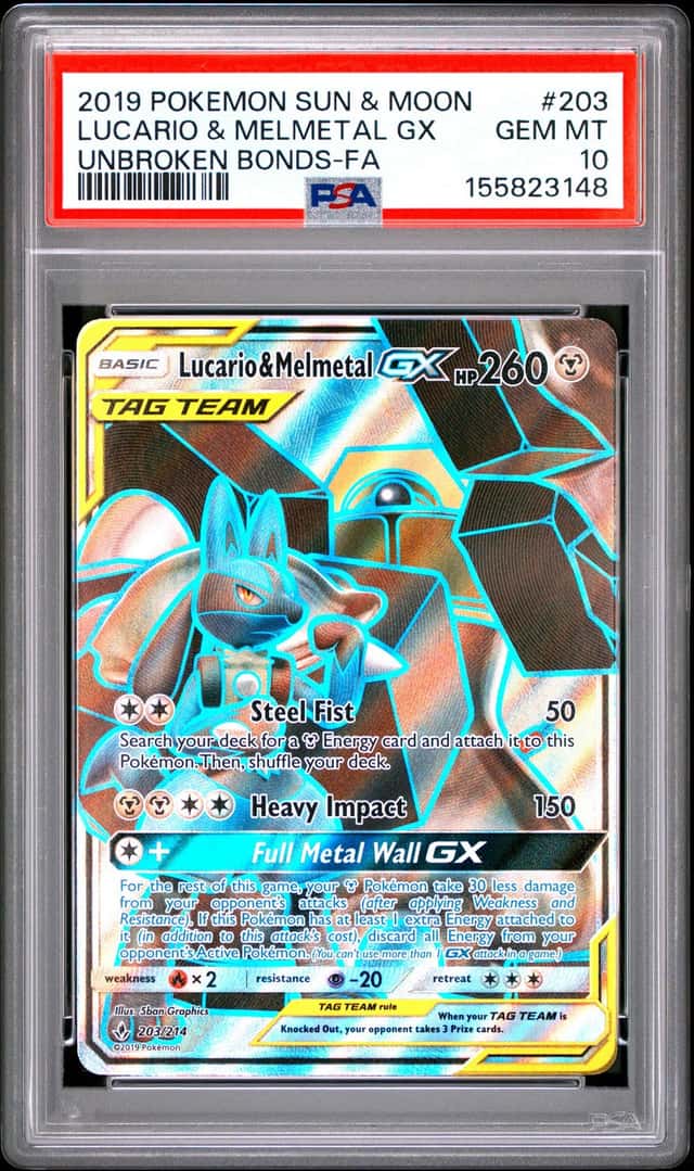 2019 Pokemon Sun & Moon Unbroken Bonds Lucario Melmetal Tag Team #203/214 PSA 10