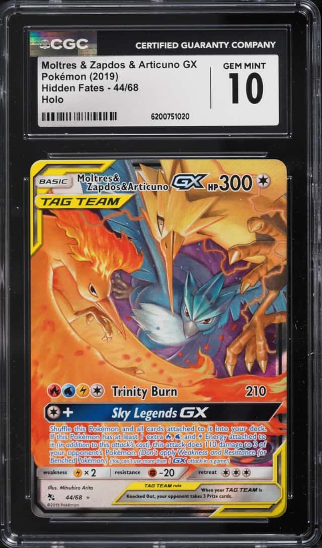 2019 Pokemon Sun & Moon Hidden Fates Holo Moltres & Zapdos & Articuno GX #44 CGC 10 GEM MINT