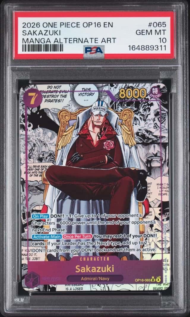 2026 ONE PIECE OP16-THE TIME OF BATTLE MANGA ALTERNATE ART #065 SAKAZUKI PSA 10