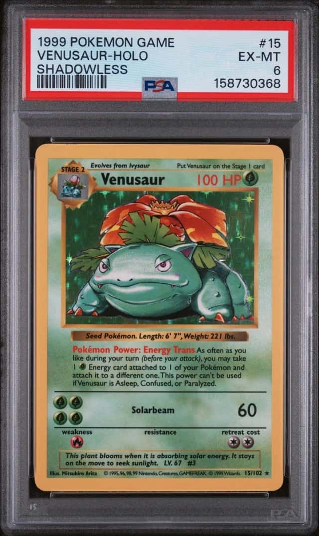 1999 POKEMON BASE SET SHADOWLESS #15 VENUSAUR-HOLO PSA 6 EX-MT