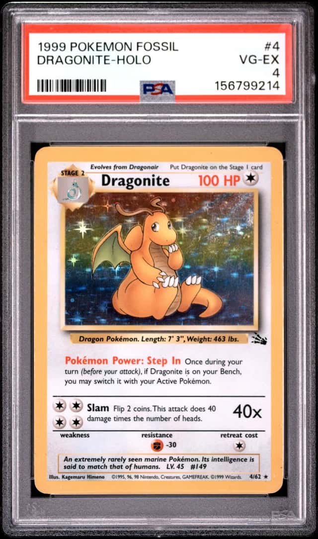 1999 POKEMON FOSSIL #4 DRAGONITE-HOLO PSA 4