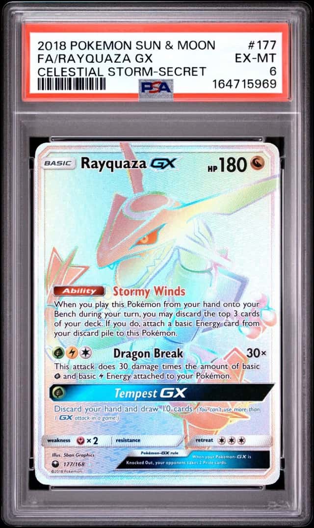 2018 POKEMON SUN & MOON CELESTIAL STORM SECRET #177 FULL ART/RAYQUAZA GX PSA 6