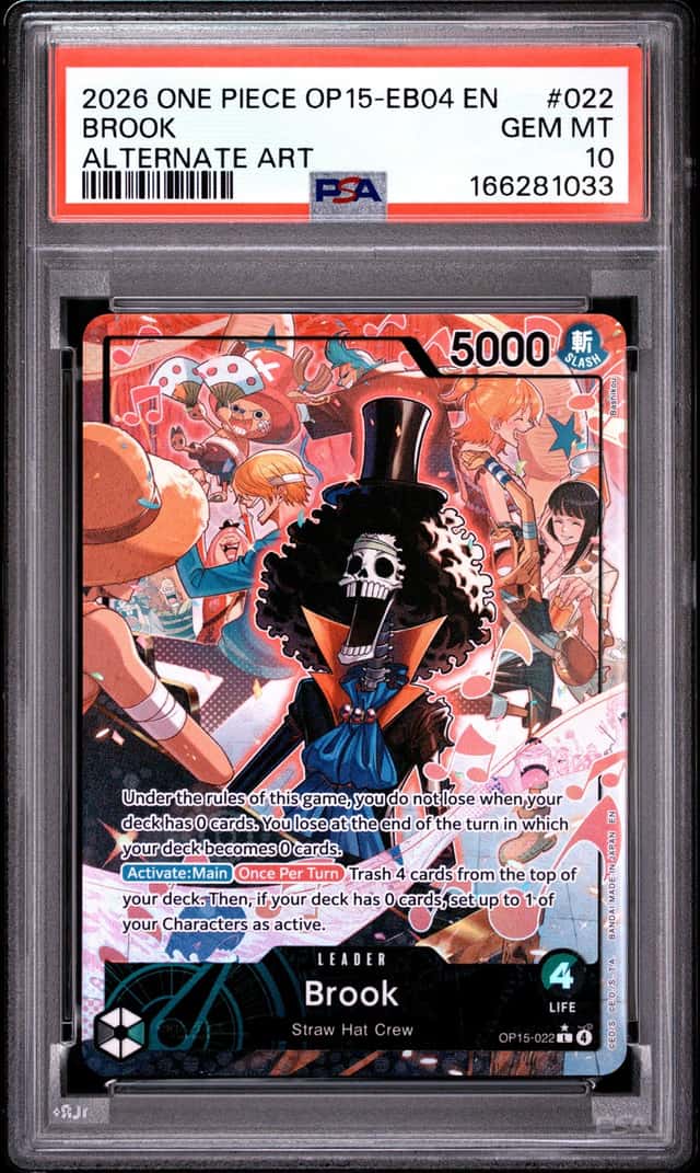 2026 ONE PIECE OP15-EB04-ADVENTURE ON KAMI'S ISLAND ALTERNATE ART BROOK PSA 10