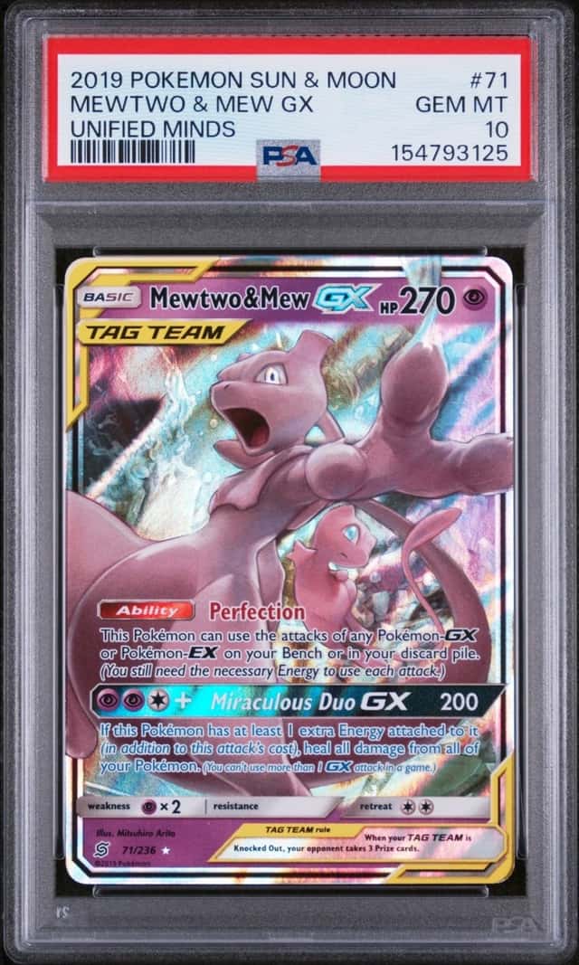 2019 POKEMON SUN & MOON UNIFIED MINDS #71 MEWTWO & MEW GX PSA 10