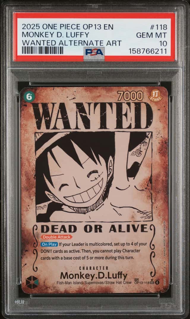 2025 One Piece OP13 EN #118 Monkey D. Luffy Wanted Alternate Art PSA 10 GEM MINT