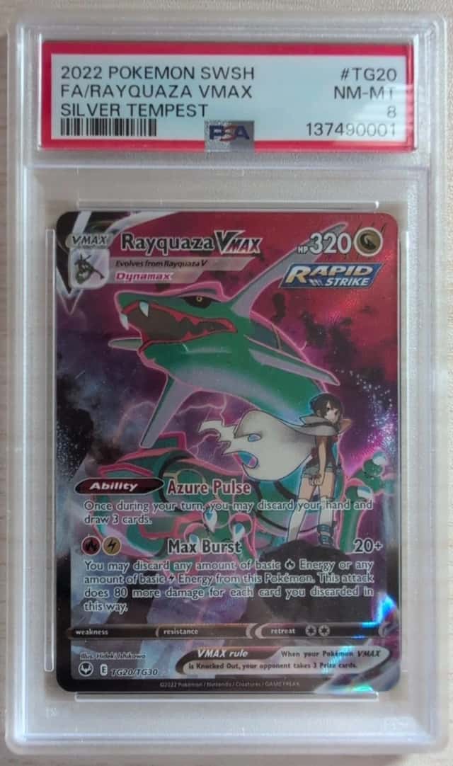 2022 POKEMON SWORD & SHIELD SILVER TEMPEST #TG20 FULL ART/RAYQUAZA VMAX PSA 8