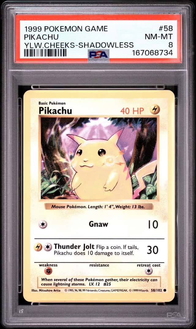 Pokemon Cards PSA 8 NM-MT Pikachu Shadowless base Set Yellow Cheeks 1999 58/102
