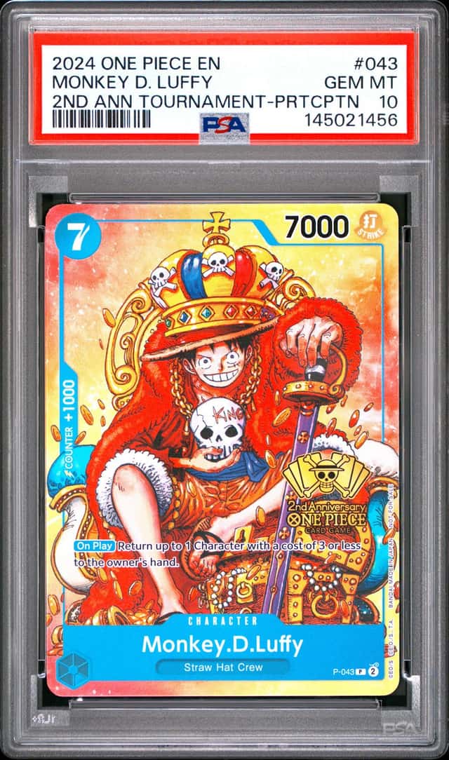 PSA 10 Monkey D Luffy (2nd Anniversary Promo) P-043 One Piece Tournament card