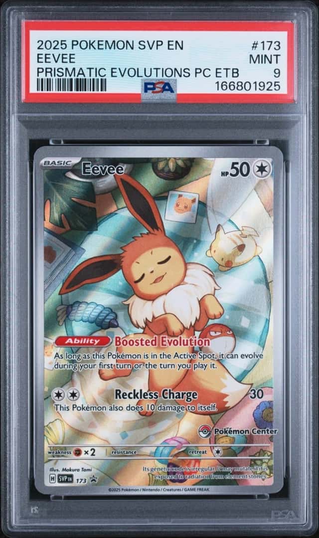 2025 POKEMON PRISMATIC EVOLUTIONS POKEMON CENTER ETB PROMO #173 EEVEE PSA 9
