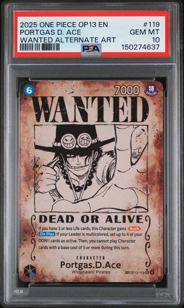 2025 One Piece Op13 Portgas D. Ace Wanted Alternate Art Psa 10 Pre Errata