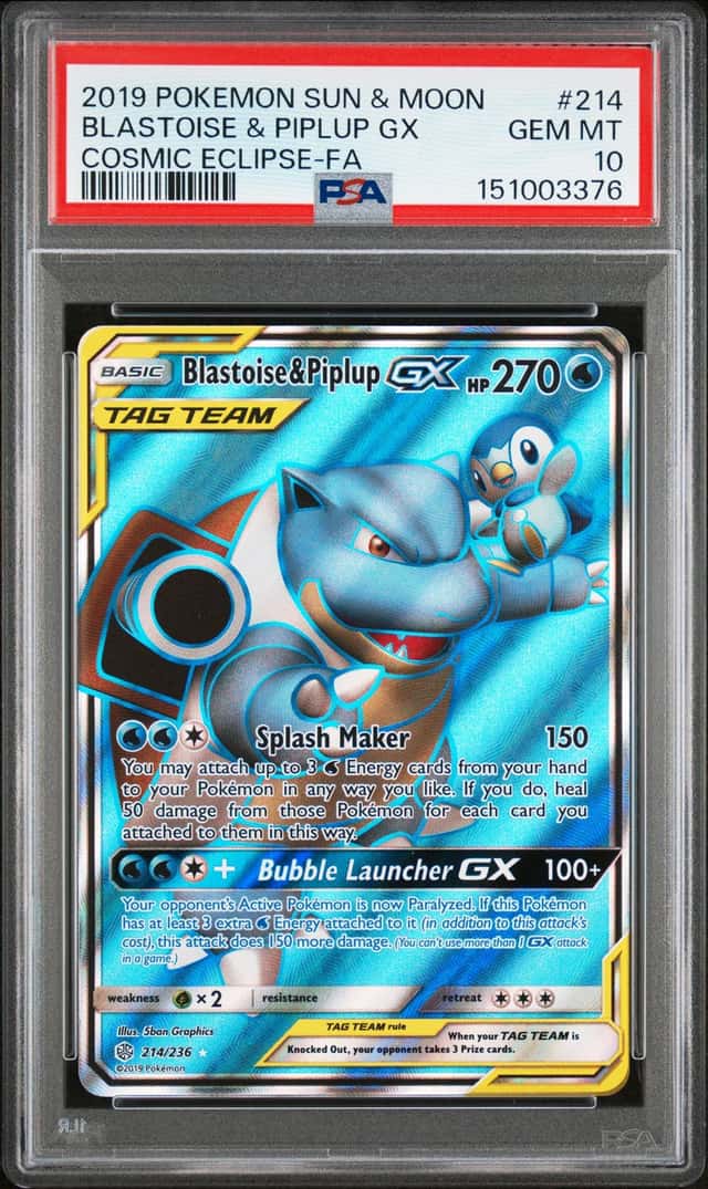 Pokemon 2019 Blastoise & Piplup GX 214/236 Full Art Cosmic Eclipse GEM MT PSA 10