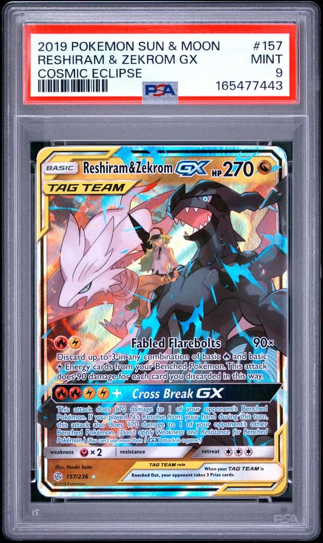 2019 POKEMON SUN & MOON COSMIC ECLIPSE #157 RESHIRAM & ZEKROM GX PSA 9