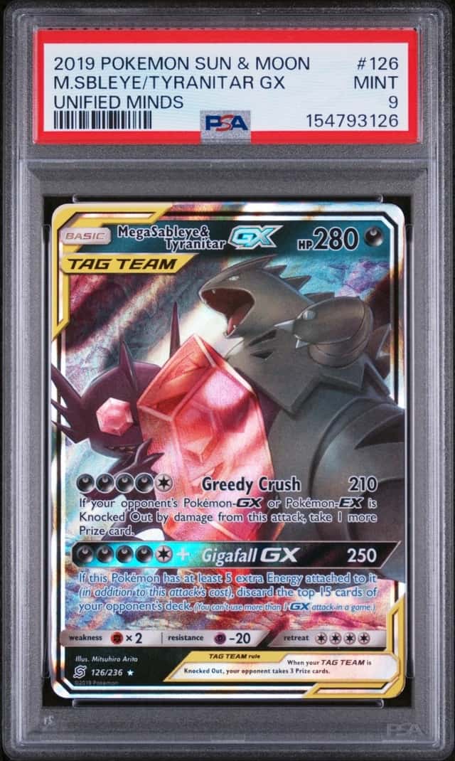 2019 POKEMON SUN & MOON UNIFIED MINDS #126 MEGA SABLEYE & TYRANITAR GX PSA 9