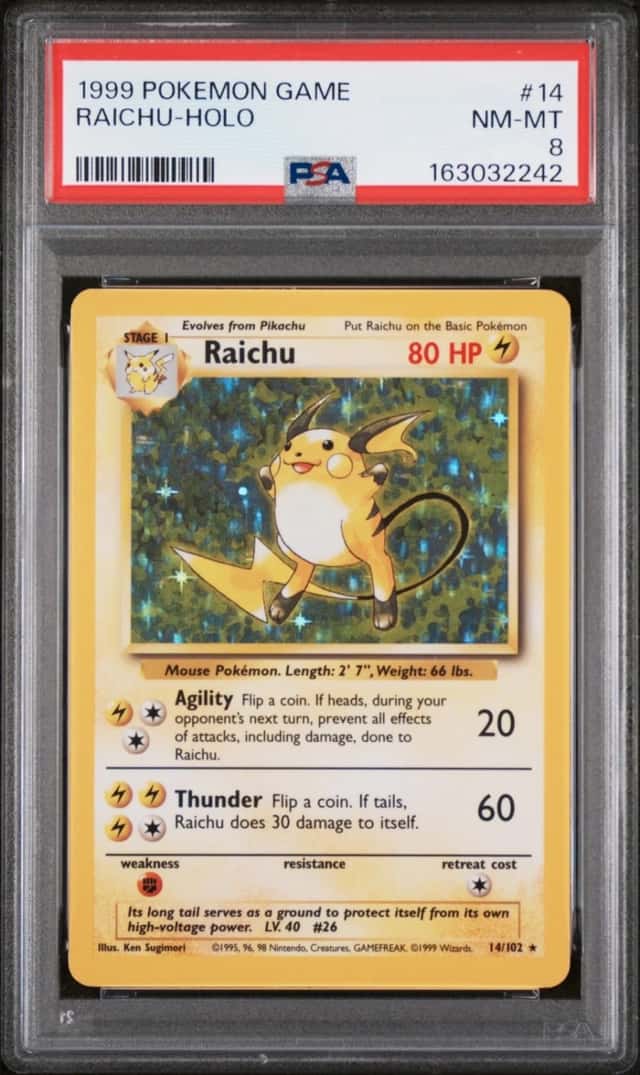 1999 POKEMON BASE SET UNLIMITED #14 RAICHU-HOLO PSA 8