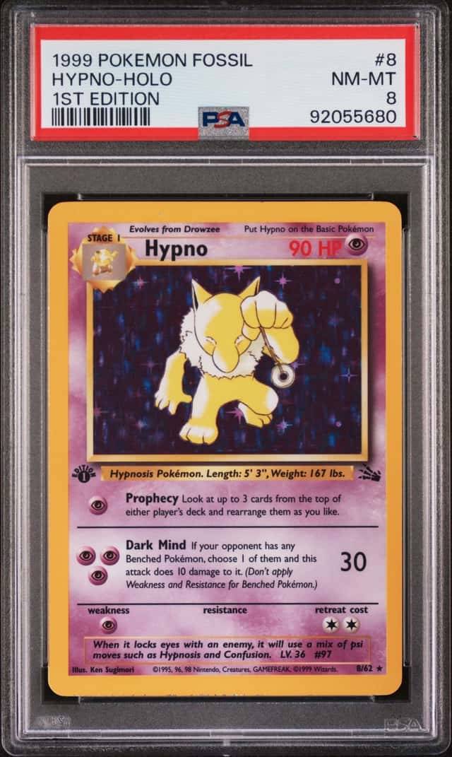 1999 POKEMON FOSSIL 1ST EDITION #8 HYPNO-HOLO PSA 8