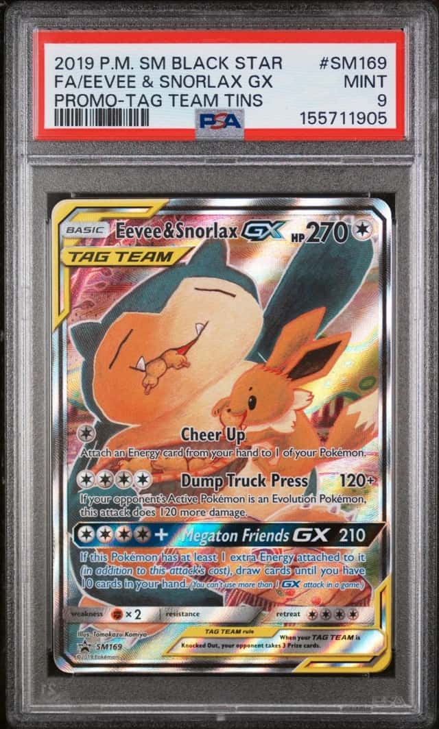 2019 POKEMON SM BLACK STAR PROMO TAG TEAM TINS FULL ART/EEVEE & SNORLAX GX PSA 9