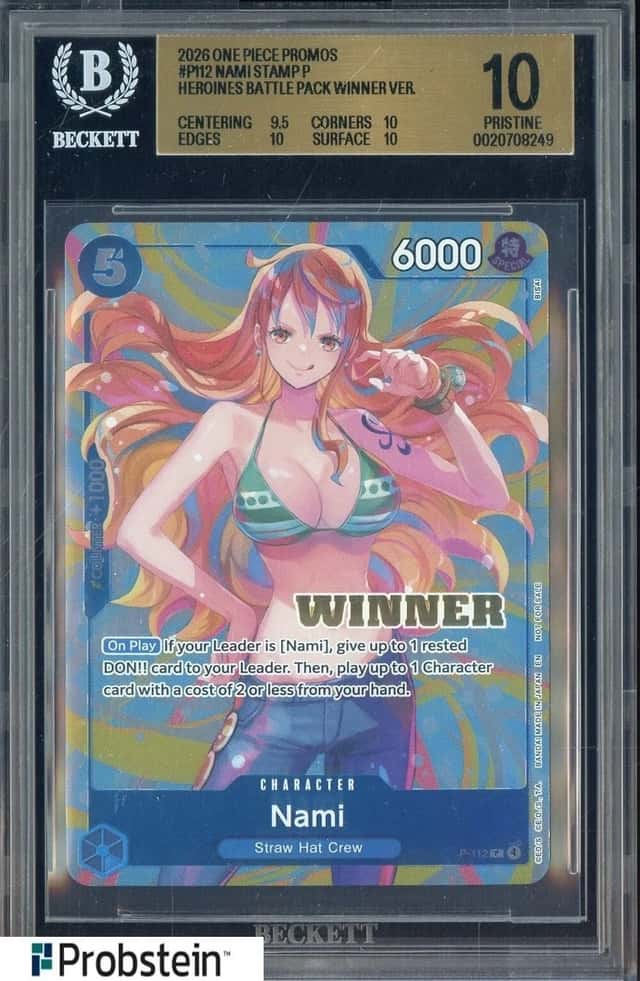 2026 One Piece English P112 Nami Stamp Battle Pack Winner BGS 10 PRISTINE