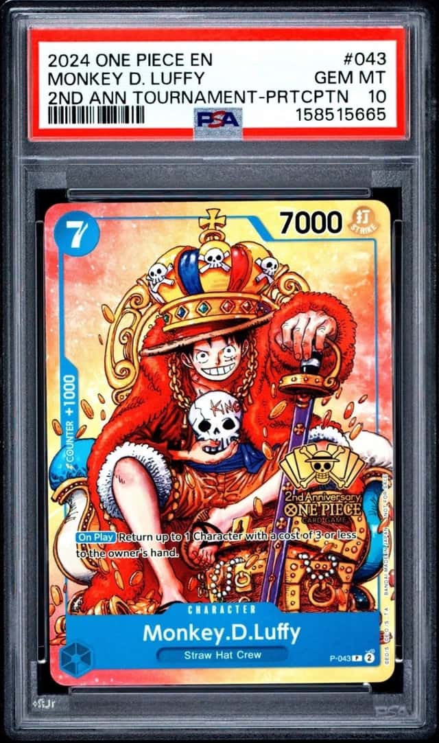 One Piece Monkey D Luffy 2nd Anniversary Tournament PRTCPTN P-043 PSA 10 Gem