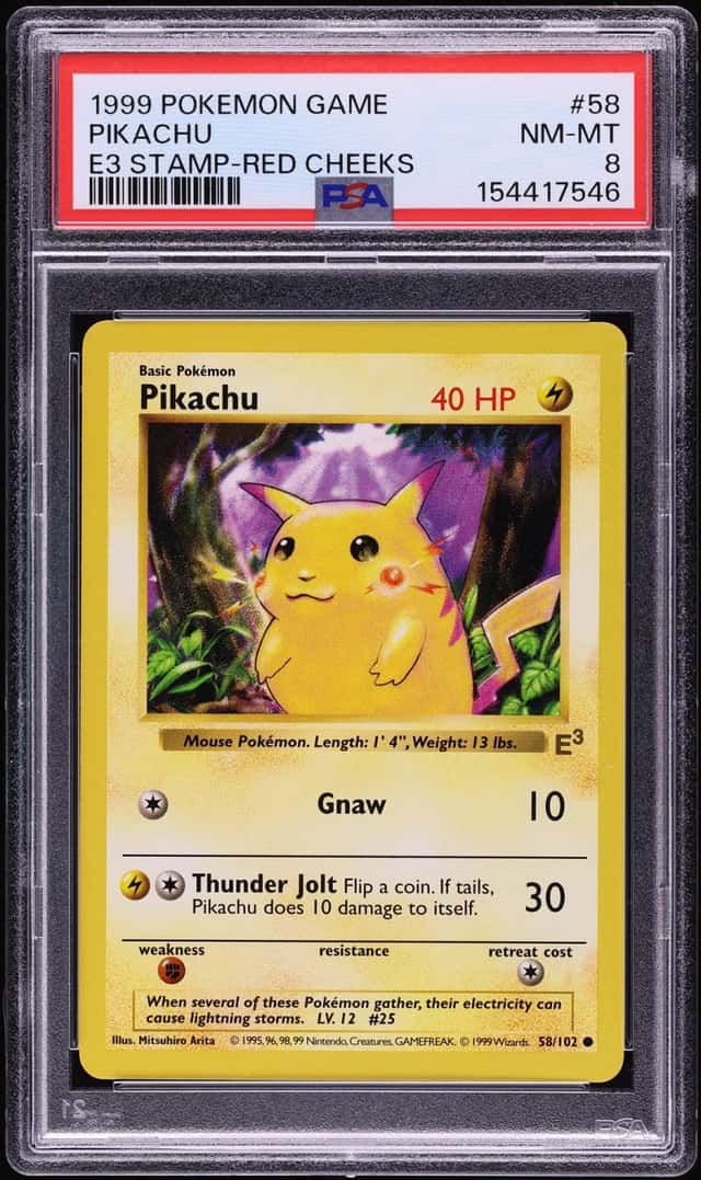 1999 Pokemon Base Set Shadowless E3 Stamp Red Cheeks Pikachu #58 PSA 8 NM-MT