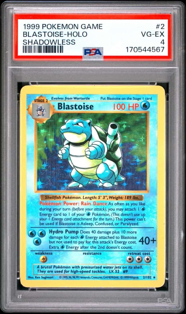 1999 POKEMON BASE SET SHADOWLESS #2 BLASTOISE-HOLO PSA 4