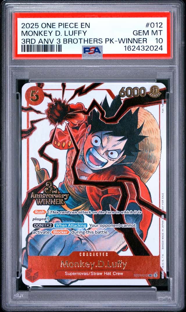 One Piece Monkey D. Luffy 3rd Anniversary 3 Brothers Pk. ST01-012 Winner PSA 10